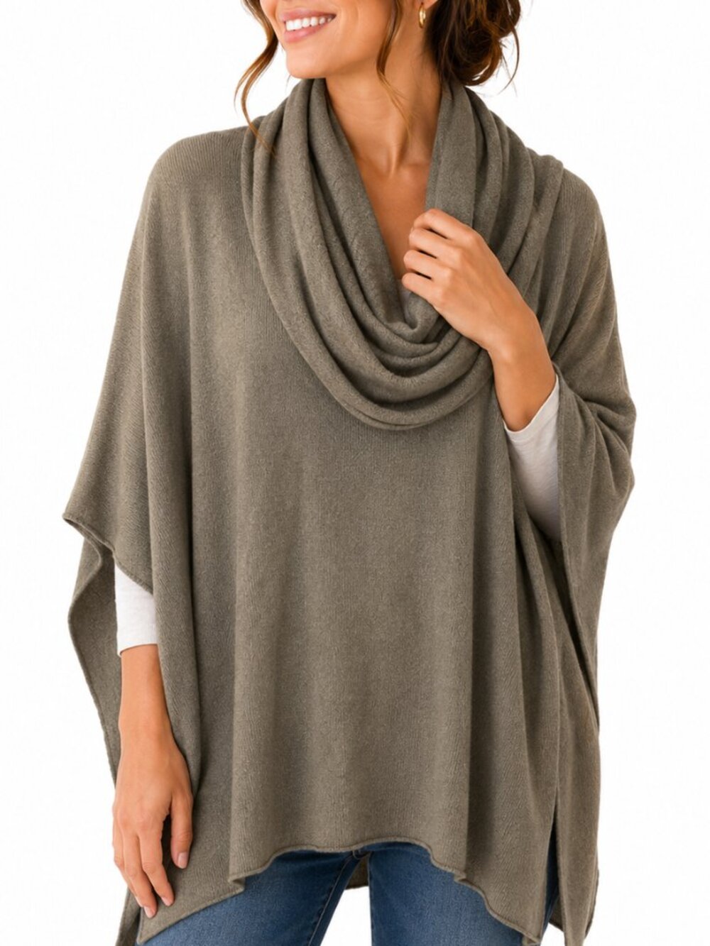 Cowl Neck Knit Poncho - Olive Green